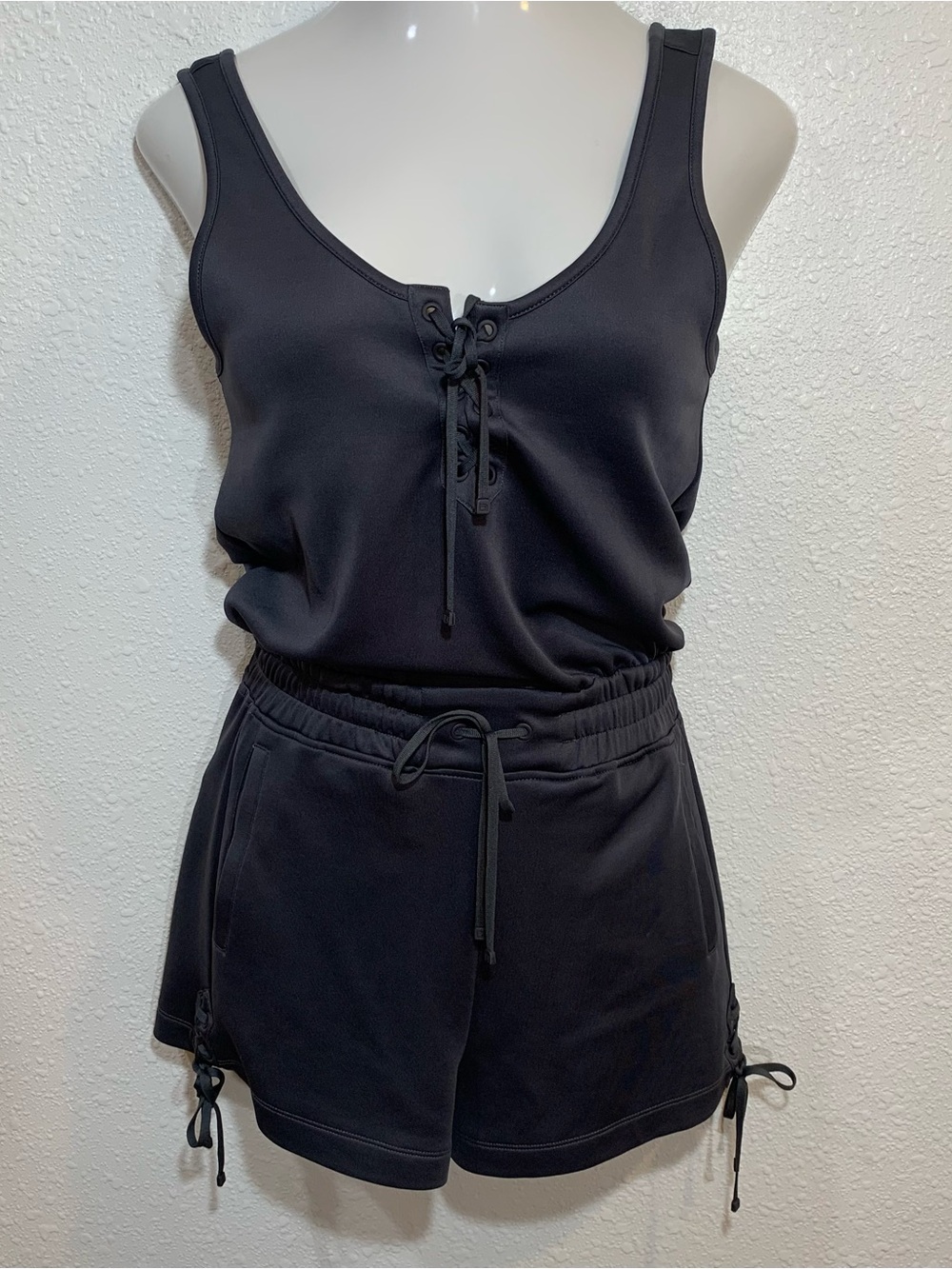 Blanc Noir Women's Small Lace Up Romper Gray Shortall Jumper Athleisure Lounging